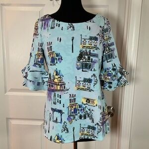 Pappagallo Blue City Print Bell Ruffle Short Sleeves Top Size Medium
